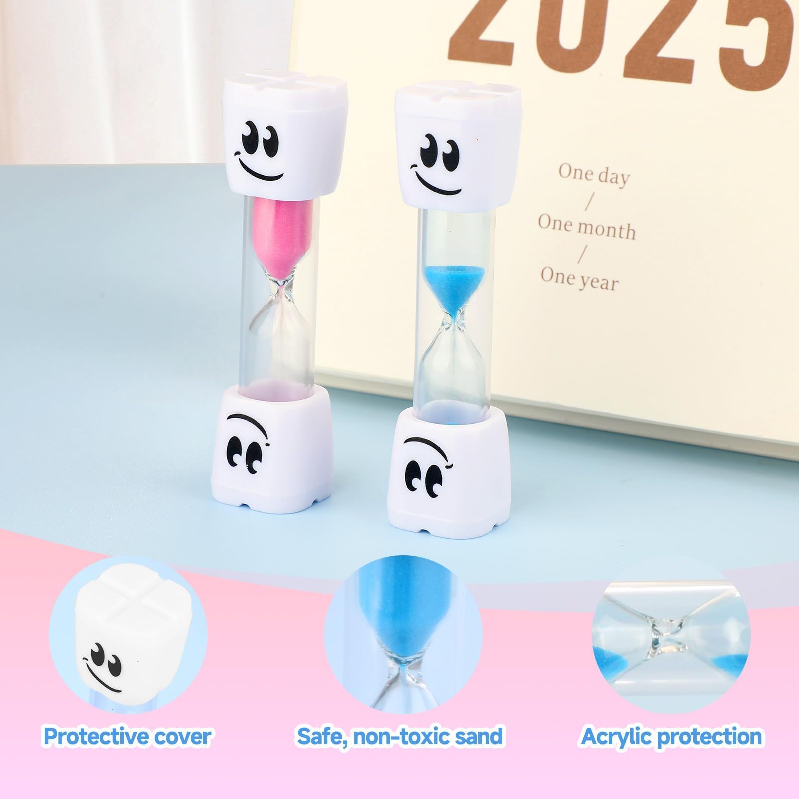 2Pcs Sablier Brossage Dents Enfant, Coloré Éducatif Résistant Sablier 2 Minutes, Convient pour la Cuisine Le Bureau Les Jeux Le Brossage Dents Quotidien Familial Pratique Durable (Rose + Bleue)