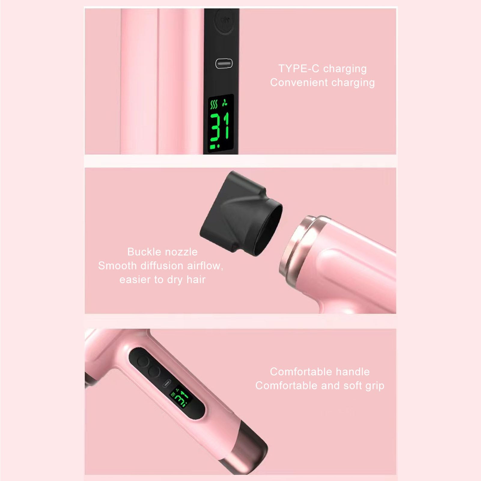 Secador de Pelo Inal¨¢mbrico. 200 W Secador de Pelo Port¨¢til Recargable por USB. Estilo de Viento Fr¨ªo y Caliente para Estudiantes. Viajar. Salir. Casa (Rosado)