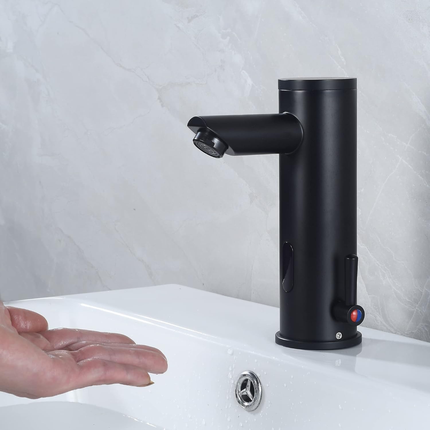 Automatic Touchless Bathroom Sink Faucet Motion Activated Sensor Hands Free Auto Off 1 Hole Commercial Infrared Brass Basin Faucets Adjustable Cold Hot Single Handle Water Mixer Matte Black