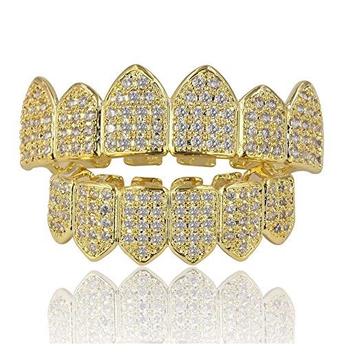 JINAO 18K Gold Plated Top and Bottom Mouth Grill Teeth Macro Pave CZ Iced Out Diamond Grillz for Men Women with Extra Molding Bars Included (Gold Set)