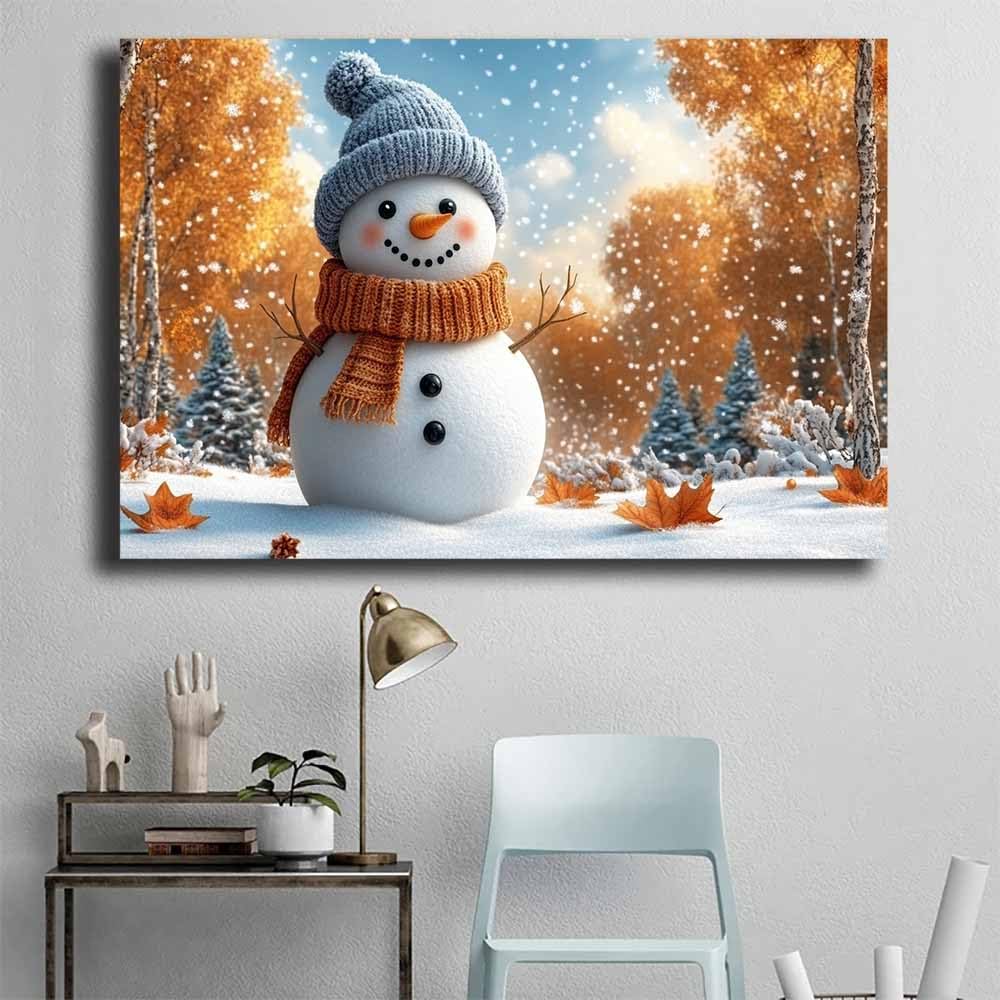 QUSAAOU Bilder Auf Leinwand Schneemann mit orangefarbenem Schal im Herbst Moderne Wandkunst In Schlafzimmern,Badezimmern Und Wohnzimmerfluren – Kunst – Natur(Orange)-30x45cm Gerahmt