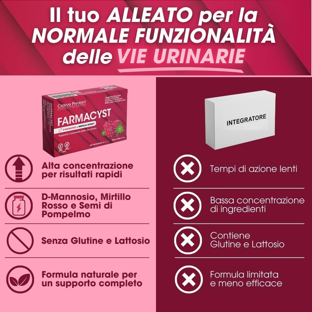 CISBANI PHARMA Farmacyst 45 compresse D-Mannosio, Mirtillo Rosso e Semi di Pompelmo - Integratore per Vie Urinarie - Sollievo da Cistite, Gonfiore e Infezioni - Senza Glutine, Senza Lattosio
