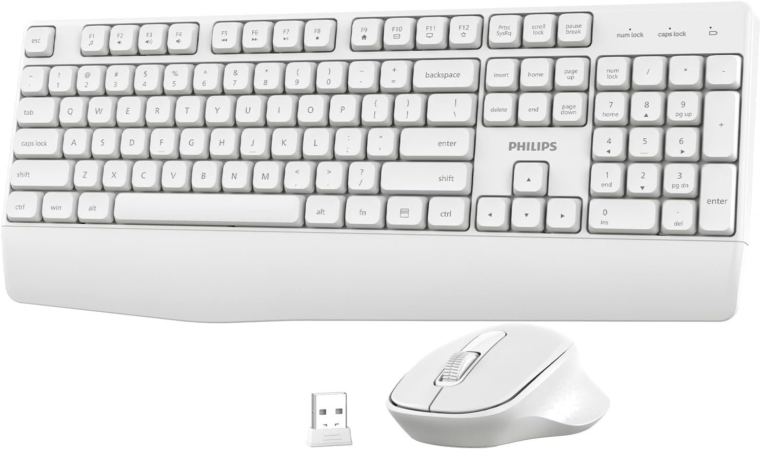 PHILIPS Wireless Keyboard and Mouse Combo-Ergonomic Keyboard and Mouse Wireless Combo with Silent Design,Plug n' Play,Sleep Mode and 2.4GHz Keyboard for Mac, Windows, Laptop-White