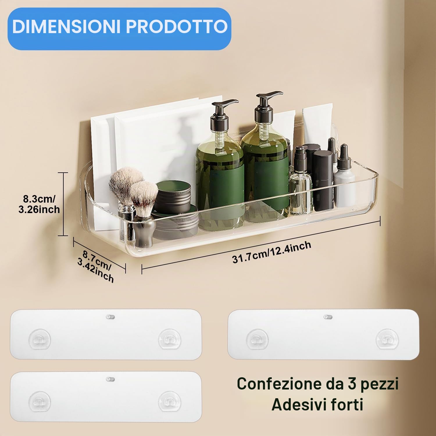 Diesisa 2 Pezzi Mensola Doccia Senza Foratura, Mensole Bagno a Parete, Porta Oggetti Doccia Adesive, Organizer Doccia Asciugatura Rapida, Porta Bagnoschiuma da Doccia per Bagno (Lungo-Trasparente)