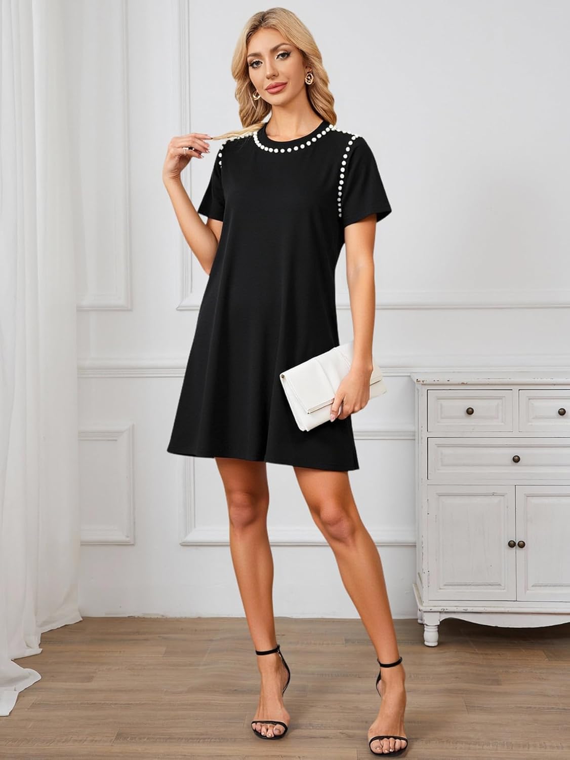 Women's Pearl Mini Tshirt Dress Summer Short Sleeve Crew Neck Elegant Casual Shift Dresses - Image 5