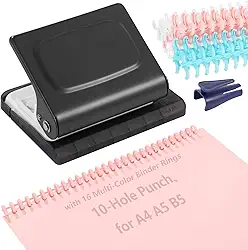 Encadernador de bobina espiral com 10 furos, máquina de encadernação em espiral com 16 anéis multicoloridos, 30 furos em A4, 20 furos em A5, 26 furos em B5, capacidade para 10 folhas