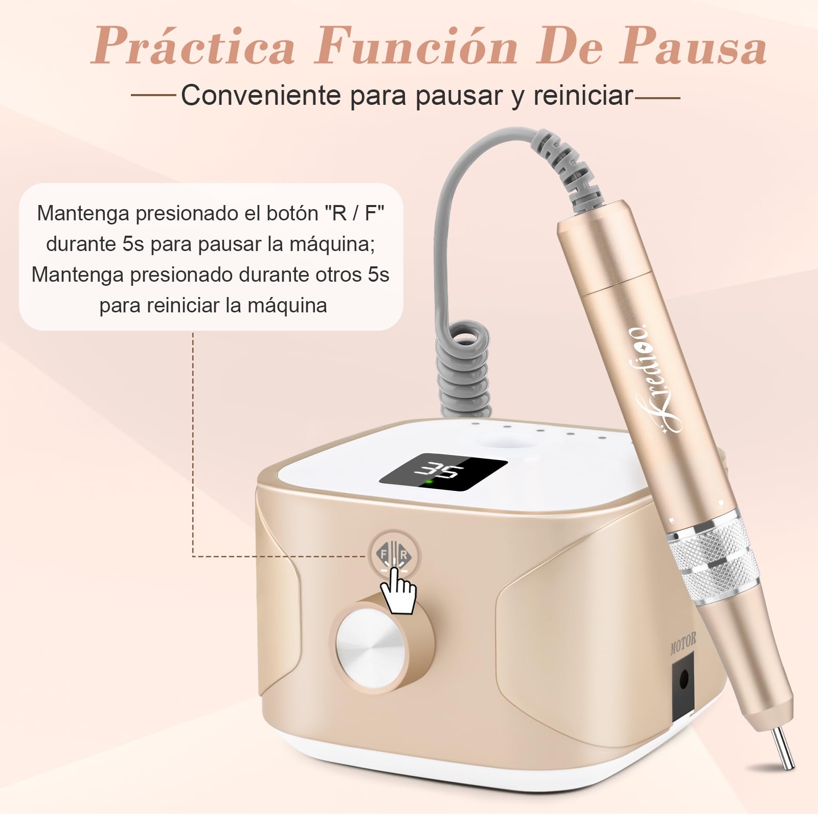 Kredioo Torno para Uñas Profesional 35000 RPM, Pulidor Uñas, Lima Electrica, Nail Drill, Set Manicura y Pedicura Electrico, Kit 11 Fresas Brocas, LED Tátil, Quitar Acrílico Gel/Esmalte/Callos, Oro