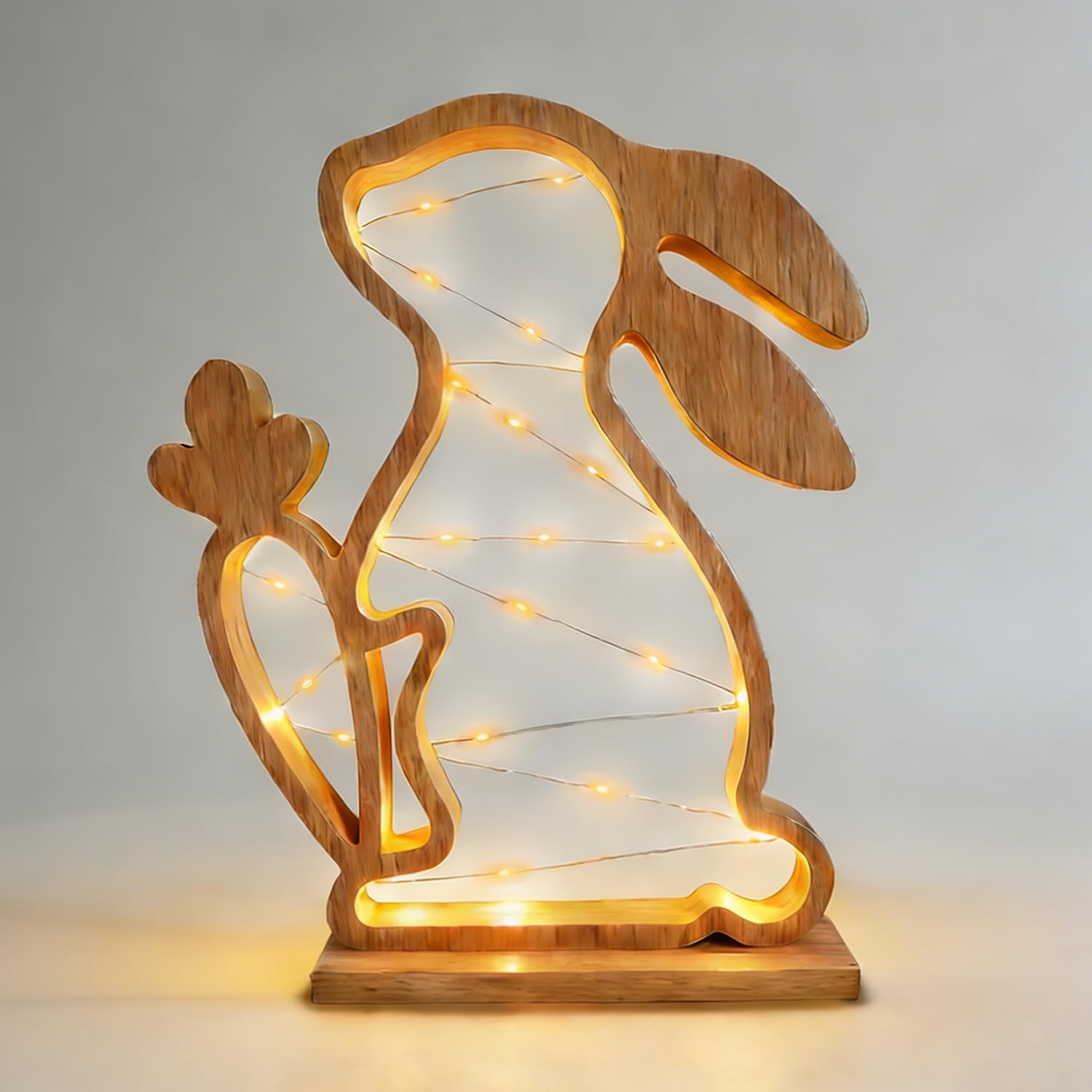 LUKIUP LED Osterhase Deko, Osterdeko Holz mit Lichterkette Osterbeleuchtung Frühlingsdekor Ornamente Beleuchtetes Osterhase aus Holz für Garten & Zuhause 31x25.3cm