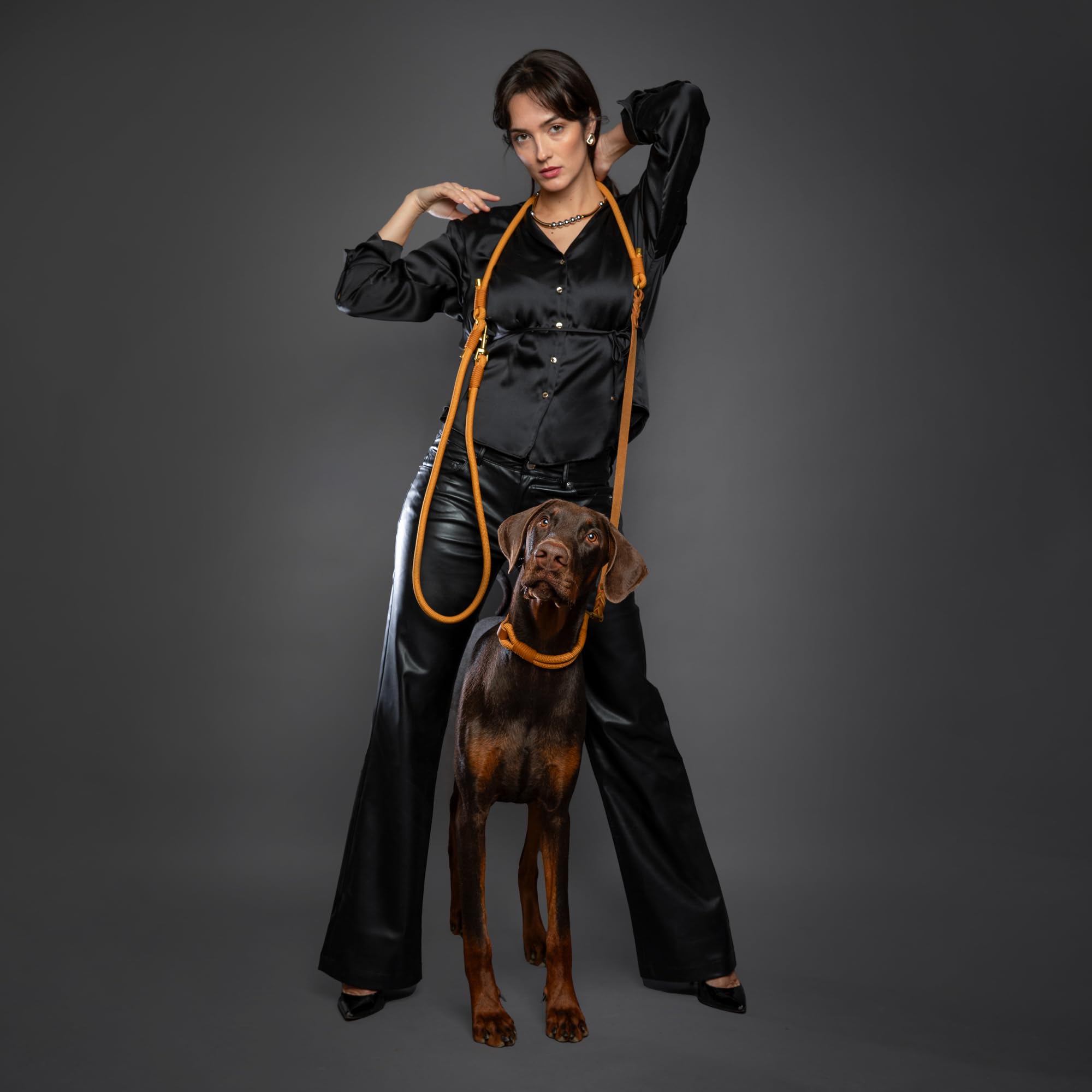 Noah & Paw Laisse Mains Libres pour Chien, Cuir huilé ciré + paracorde résistante, 8 ft (2,4 m), Laisse Longue 6 utilisations (Chats, Petits, Moyens, Grands Chiens) (Camel)