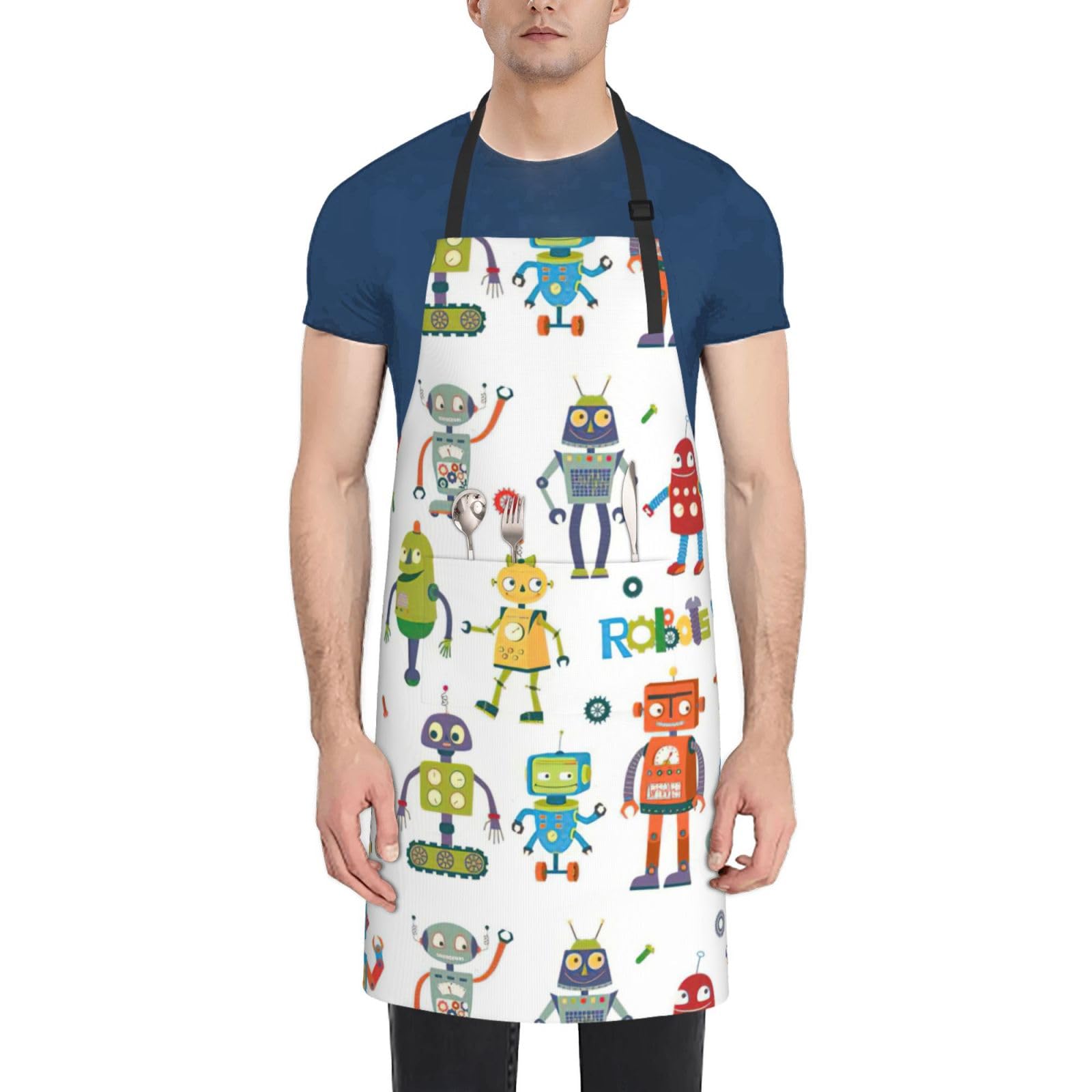Breaux Unisex Black Cute Cartoon Robots Print Apron, Aprons With Adjustable Neck Straps, Oxford Cloth Aprons For Cooking Baking, One Size