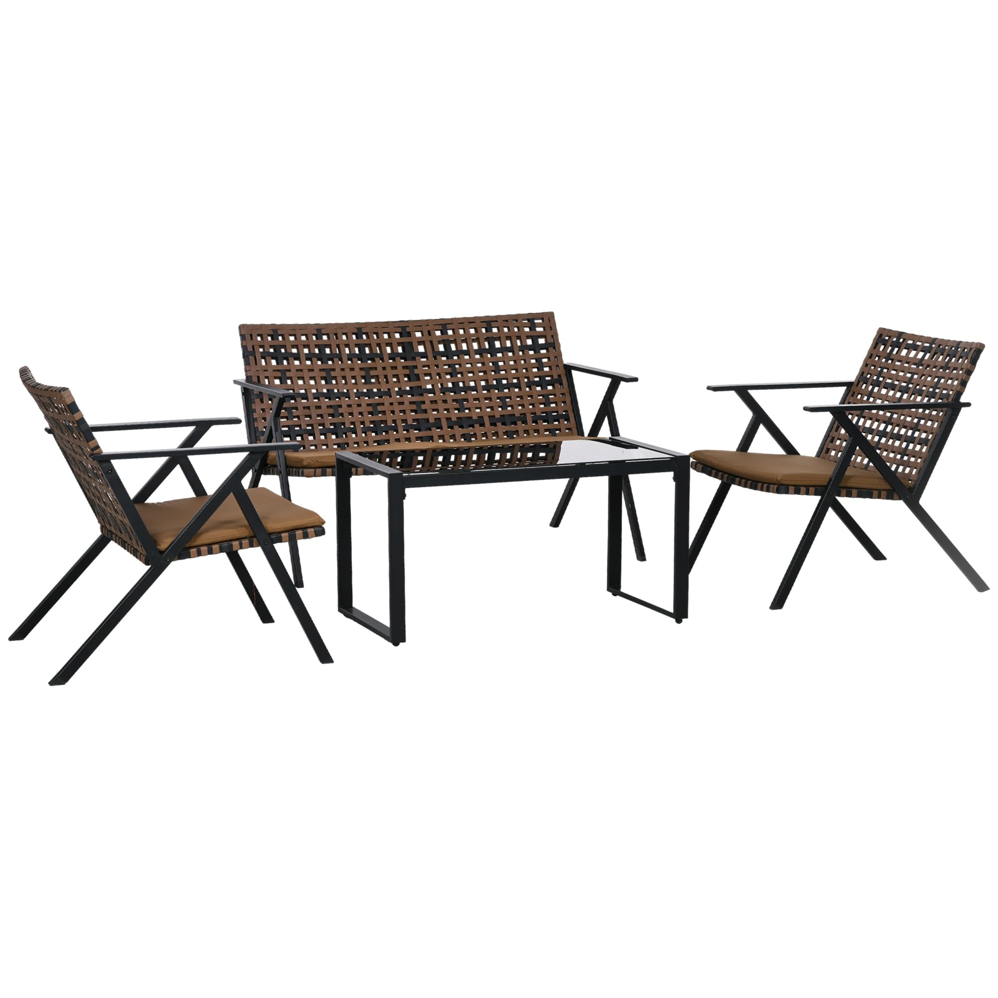 Juego Jardín Ratán Sintético 4 Piezas - Sofá 2 Plazas + 2 Sillones + Mesa De Cristal