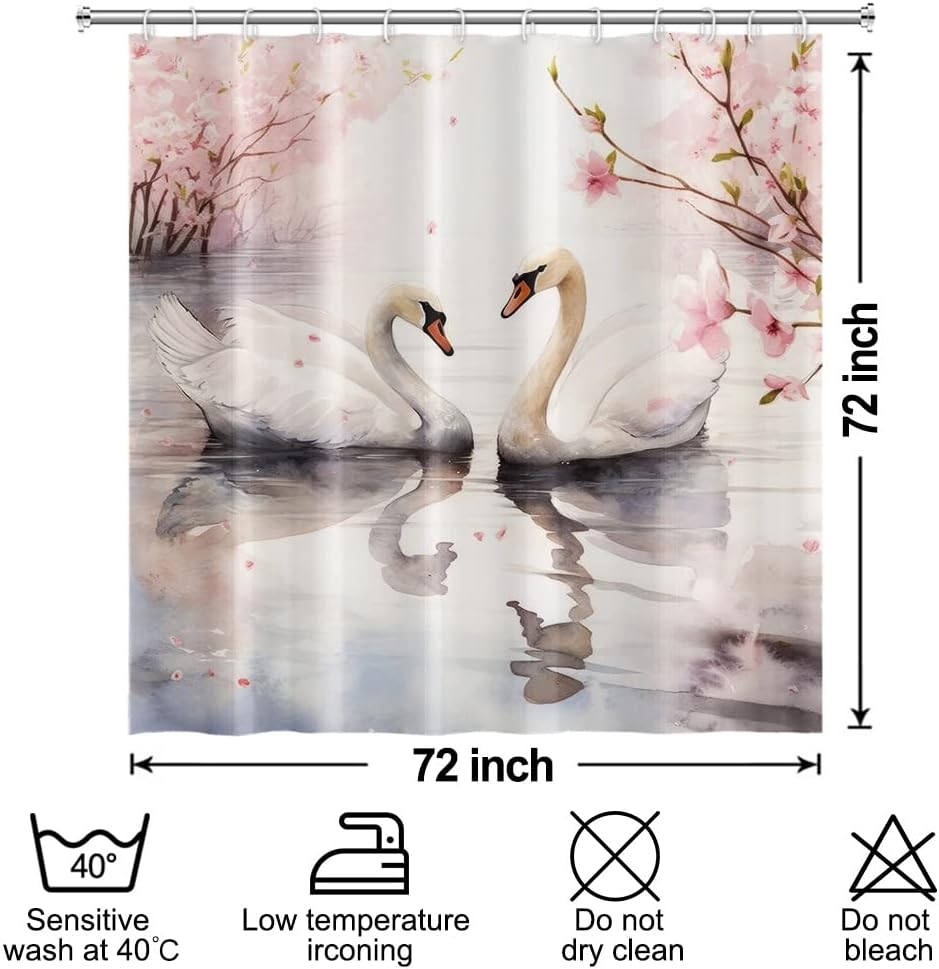 Swan Shower Curtain for Bathroom Swans Water Lake River Bathtub Room Partition Door Divider Curtain Pink Floral Trees Waterproof Fabric Bathroom Shower Curtains 72x72 Inches with Hooks