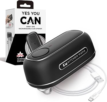 Kitchen Mama Orbit One Rechargeable Electric Can Opener Hands-free, USB-C Charging, Automatic Stop, Smooth Edge, Safety, Blade for Large Cans, Heavy Duty, Soda and Pop Can, with Storage Box Black