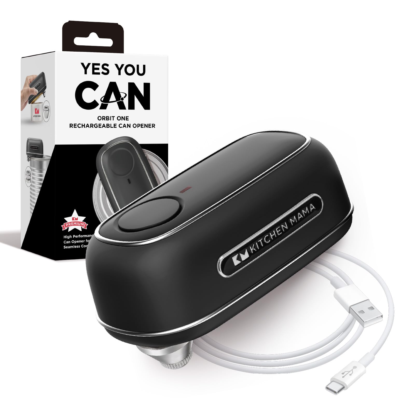 Kitchen Mama Orbit One Rechargeable Can Opener: Hands-Free Operation, Type-C Charging, Automatic Shut-Off, Smooth Edge, Professional-Grade Blade for Large Cans, Includes Elegant Storage Box (Black)