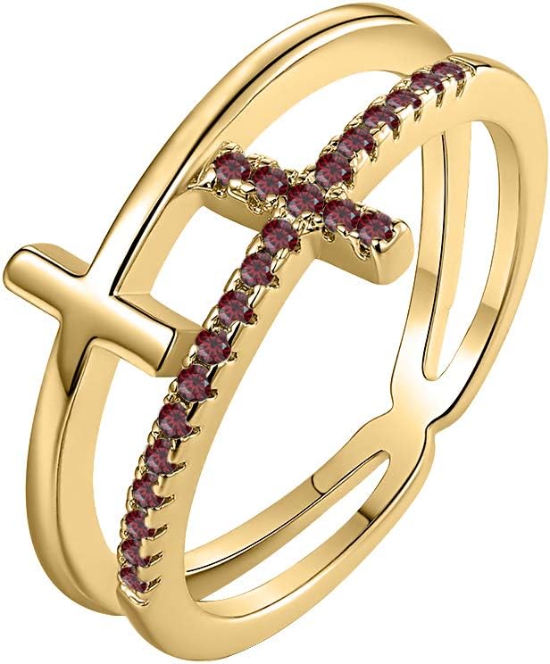 Womens Elegant 925 Sterling Silver Round Cut Gemstone 14K Yellow Gold Double Cross Ring Christian Fashion Wedding Band