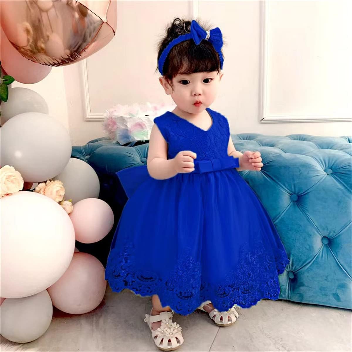 0-6T Toddler Baby Girls Embroidered Tutu Ball Gown Lace Dresses with Headwear