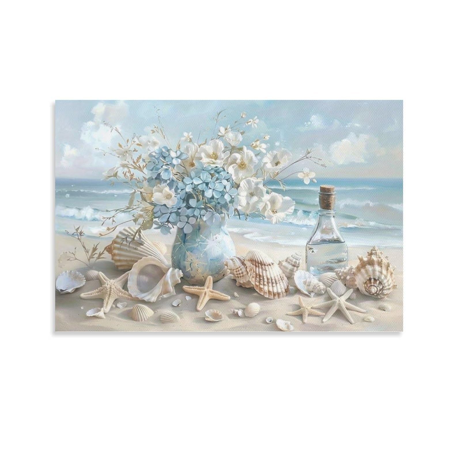 CPLVKWRQJ Beach Floral Still Life Single Beach Flowers Seashells still Life Canvas Print - Living Room Gallery Wall Statement Piece Fade Resistant Ready to Hang 20x30inch(50x75cm)