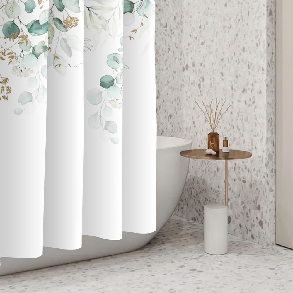 Eucalyptus Leaves Shower Curtains 72x72 Inch Green and Gold Watercolor Leaf for Bathroom Decor Fabric Waterproof Polyester Bath Curtain Accessories Set with Hooks
