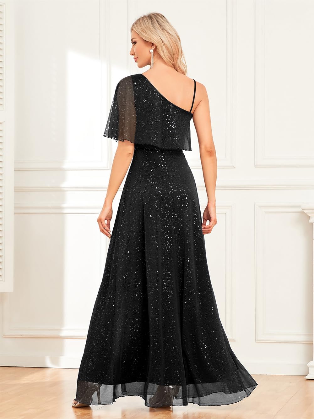 One Shoulder Formal Dresses for Women Long Sparkly A Line Split Evening Gowns Wedding Guest Dress - Image 2