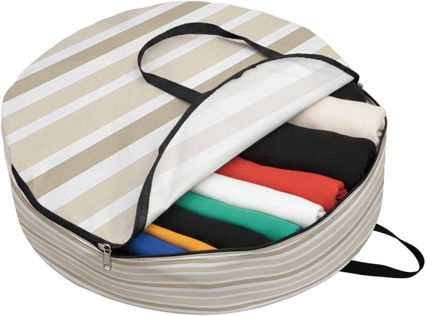 Beige Brown Round Storage Bag 36 Inch, White Stripe Clothes Storage Container with Handles Heavy Duty Organizer for Comforter, Bedding & Holiday Wreaths