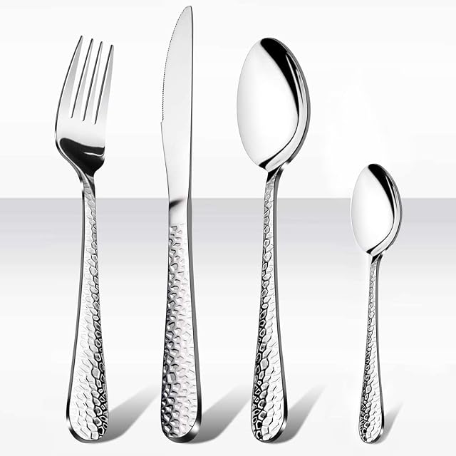 16 Pieces Cutlery Set, HaWare Stainless Steel Hammered Flatware Cutlery Silverware for Home/Office/Party/Camping, Knife Fork Spoon Eating Utensils Set Service for 4, Mirror Polish & Dishwasher Safe