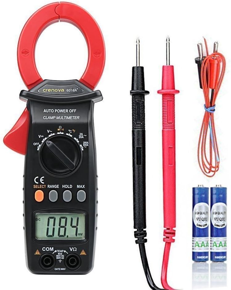 Crenova 6016A Clamp Meter 600A Multimeter Auto-Ranging Ohm Volt Amp Diode Continuity Temperature Measurements, Professional AC Current Multi Meter Tester, Large LCD Display