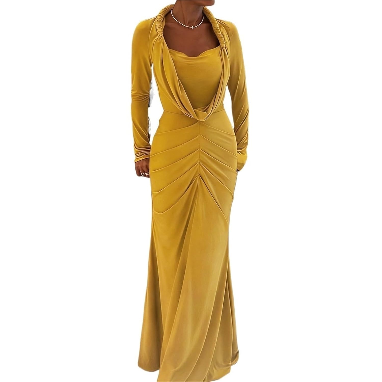 HENGEN Autumn and Winter New Womens Fashion high-end Solid Color Temperament Pile Collar Sexy Slim fit Long Skirt