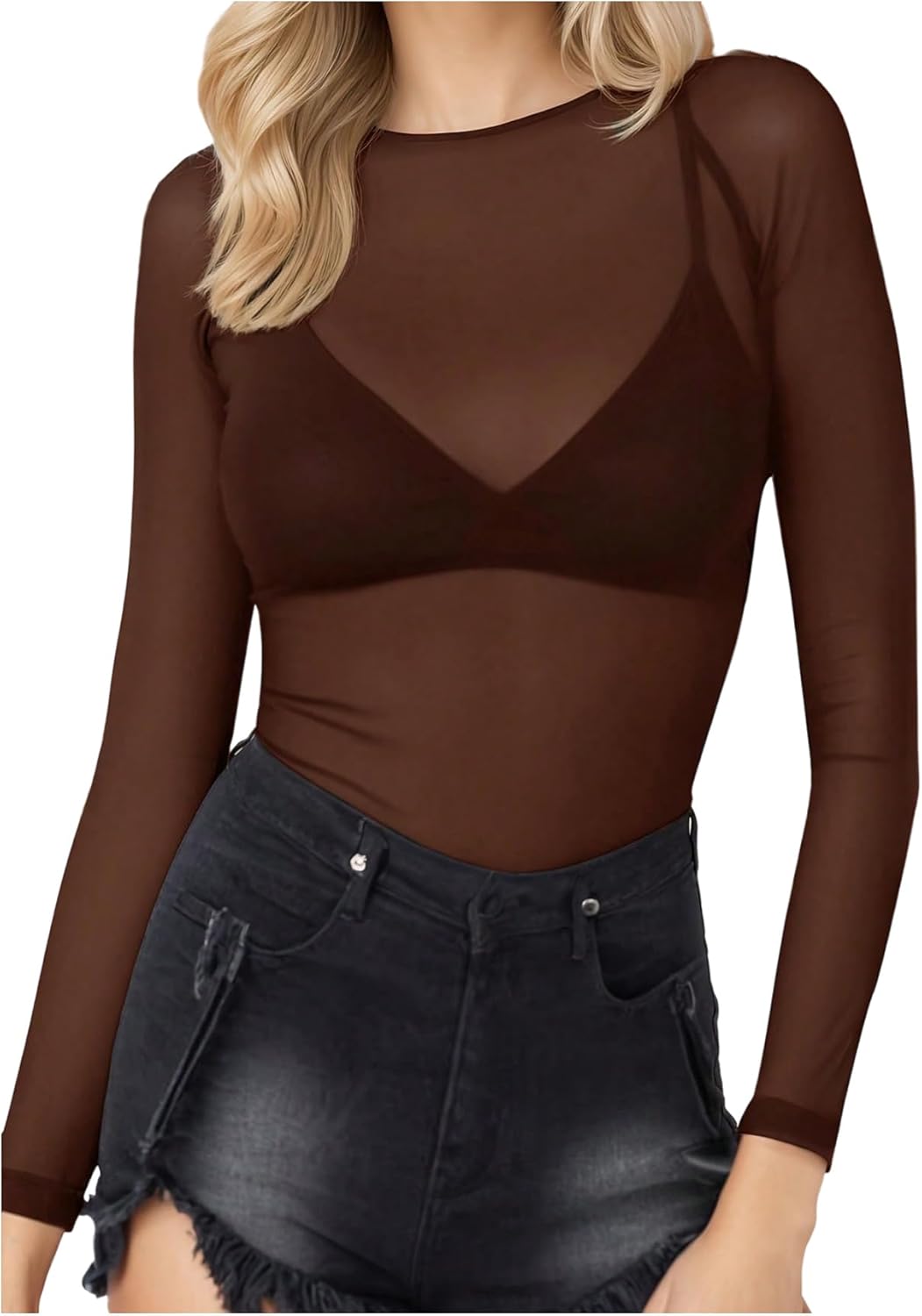 SOLY HUX Women's Mesh Top Long Sleeve Crew Neck Sheer See Through Fitted Going Out Shirts Clubwear