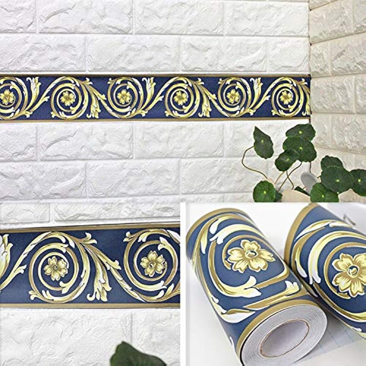 REDODECO Blue Floral Pattern Molding Peel Stick Wall Border for Home Decor Bathroom Kitchen Wallpaper,4 inch by 32.8 feet