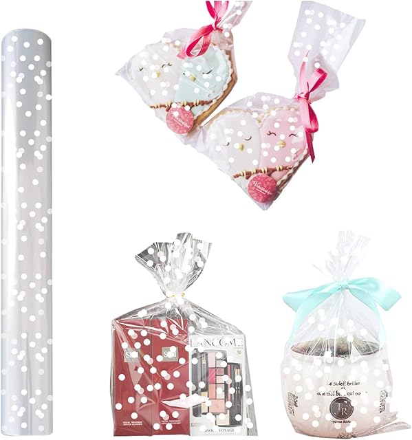 iLovepaper Clear Cellophane Wrap Roll 33'' x 115' Ft, Thick (White Dot) Clear Cellophane Wrapping Paper | Wrap Roll | Cellophane Roll | Cellophane Wrap for Gifts, Baskets, Flowers