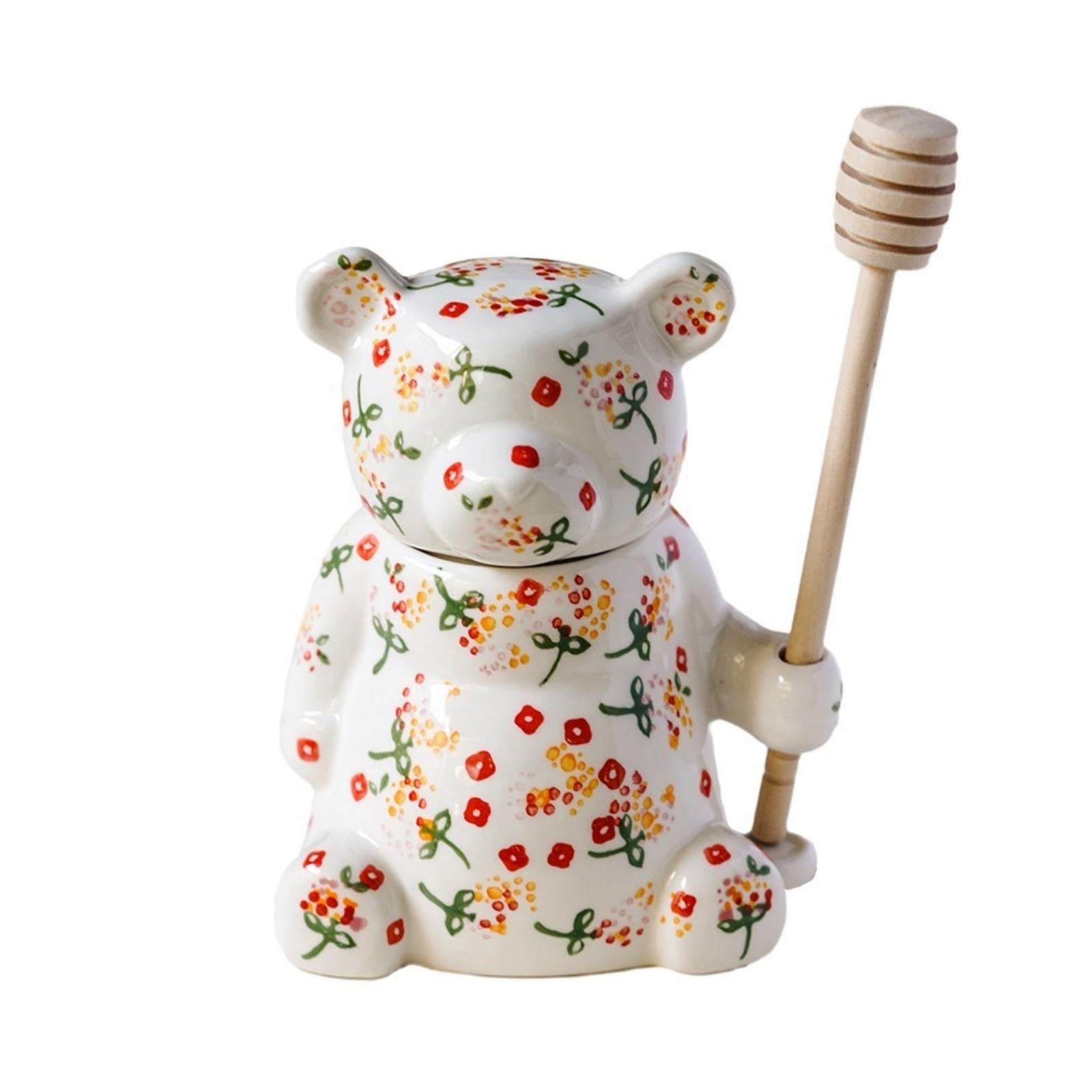LmarayCeramic Bear Honey Jar with Dipper Stick, Honey Storage Container With Lid Vintage Underglaze Color DéCor, 10.1oz Honey/Syrup Dispenser for Pancakes & Waffles (Ceramic)