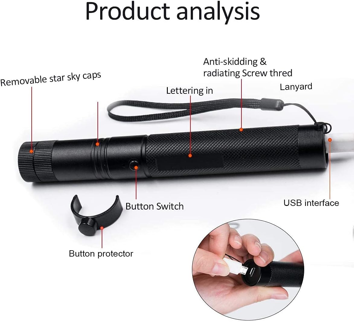 Yagoolh High Power Green Laser Pointer [Upgrade 2000 Metres ] Long Range Laser Pointer USB Charging, with Star Cap Adjustable Focus Suitable for Night Astronomy Outdoor Camping Hunting and Hiking