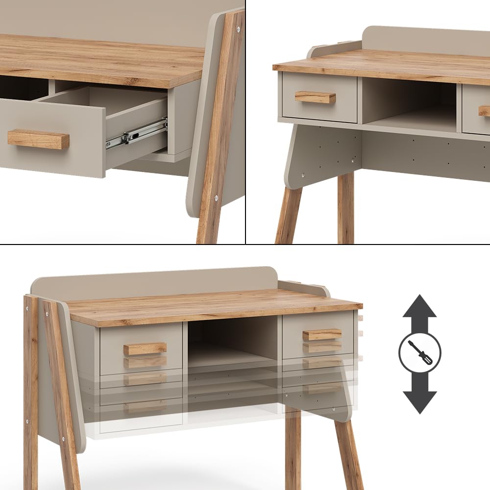 VitaliSpa Bureau Malia, Cachemire/Artisan, 97x51cm avec 2 tiroirs, Hauteur réglable pour Une Configuration Flexible de l’Espace de Travail
