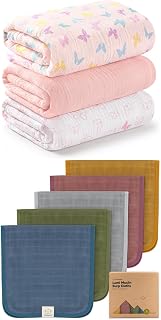 KeaBabies 3-Pack Muslin Swaddle Blankets for Newborns Boy, Girl and 5-Pack Muslin Baby Burp Cloths - Cotton Baby Swaddle Blanket for Newborns, Cotton Washcloths, Burping Rags