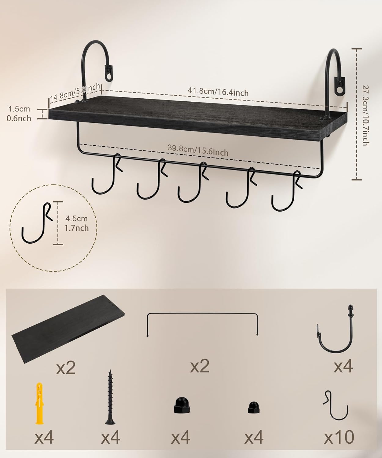 Wall Mount Floating Shelves, Wooden Coffee Bar Hanging Storage Shelf Rustic Cup Holder Mug Hanger Organizer Farmhouse Decor for Kitchen Living Room Bedroom, Black