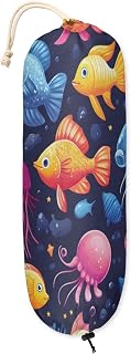 Ocean Fish Jellyfish Pattern Plastic Bag Holder Hanging Plastic Bag Organizer Reusable Grocery Bag Holder Washable Large Grocery Bag Storage Trash Bag Dispenser for Home Kitchen Travelling Decor