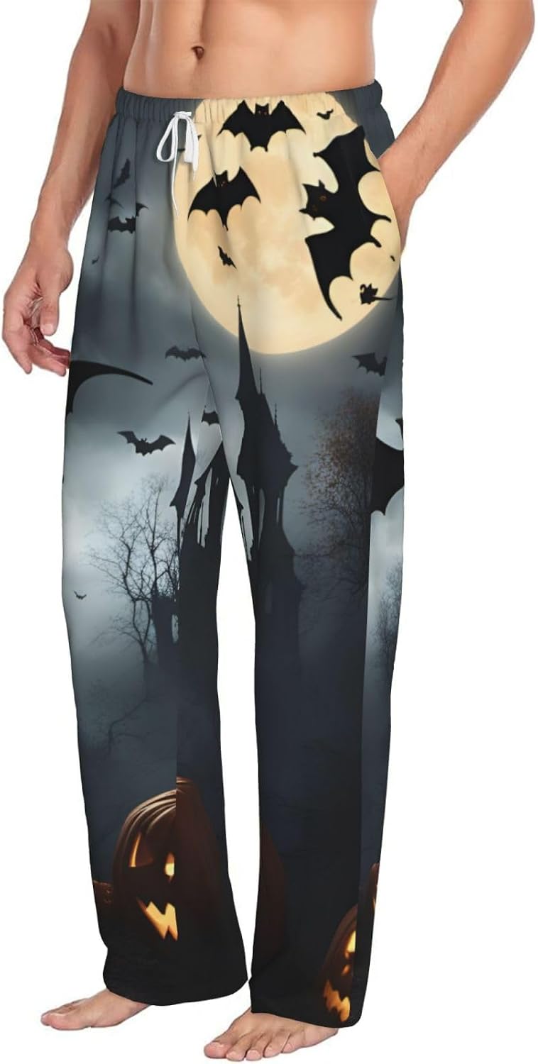 Halloween Flying Bats 4 print Bottoms Pants for Men, Warm Pajama Pants Sleep Lounge Pants Lightweight Sleep Pant Drawstring