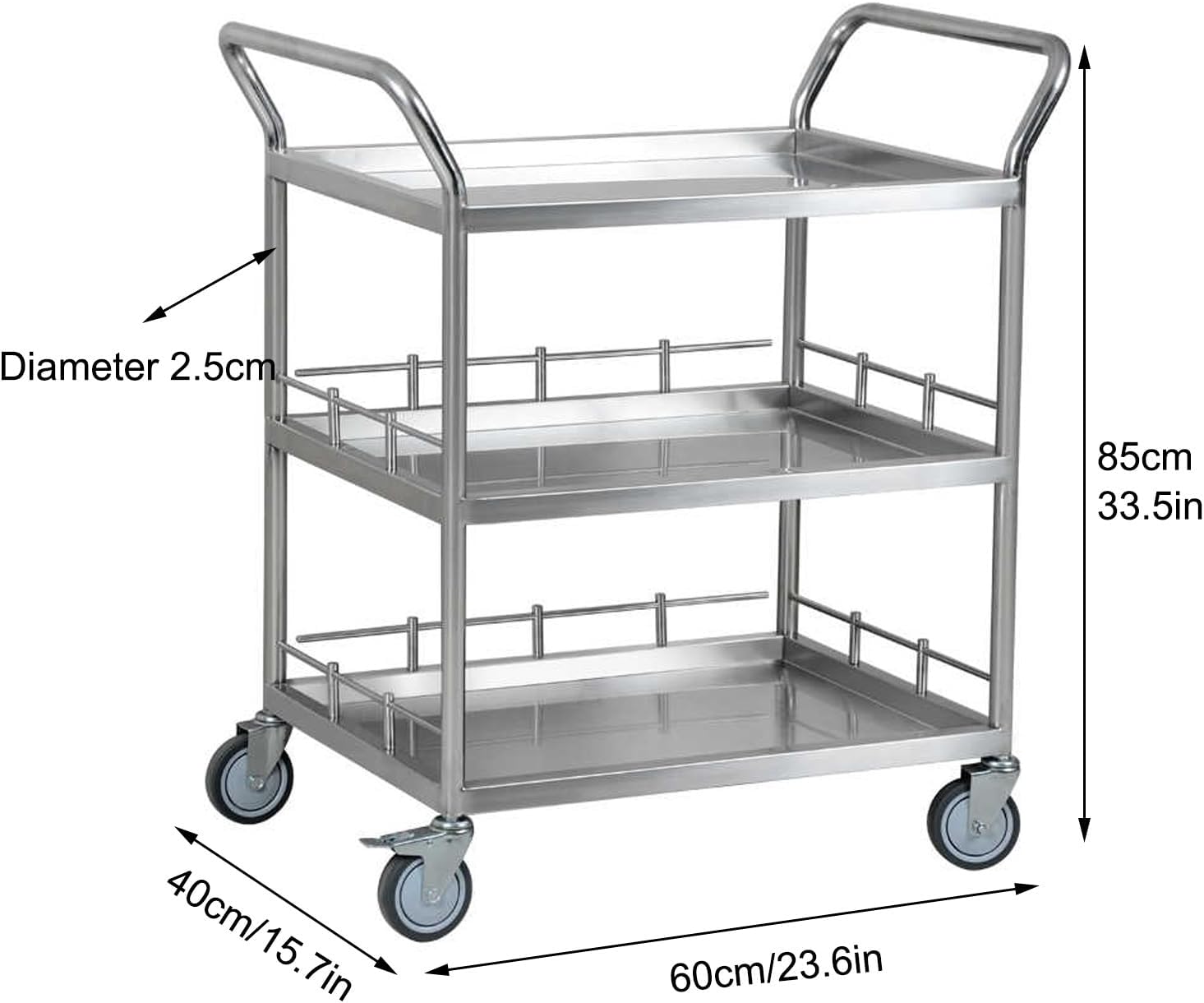 Medical Trolley Cart, 3 Tier Stainless Steel Cart with Wheels with Handle, Beauty Storage Cart, Lab Serving Cart with Swivel Casters, for Esthetician Supplies, Lab Tools