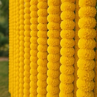 Artificial Marigold Flower Garlands – Yellow Decorative Toran for Home, Festivals, Weddings & Puja Decoration (Pack of 5, 5 Feet Each)