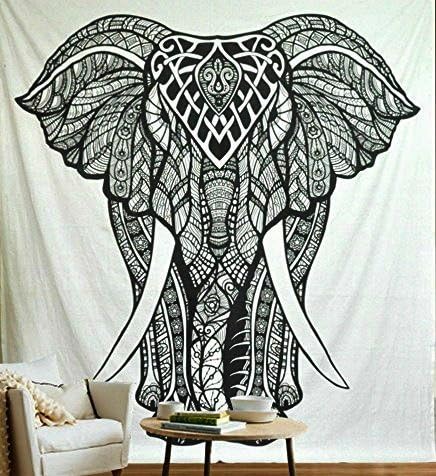 Jaipur Handloom Elephant Tapestry Hippie Tapestry Wall Hanging Hippy Tapestry Bohemian Bedding Bedspread Indian Dorm Decor Psychedelic Tapestry Bed Cover (Twin (54 X 85 inches approx), Black & White)
