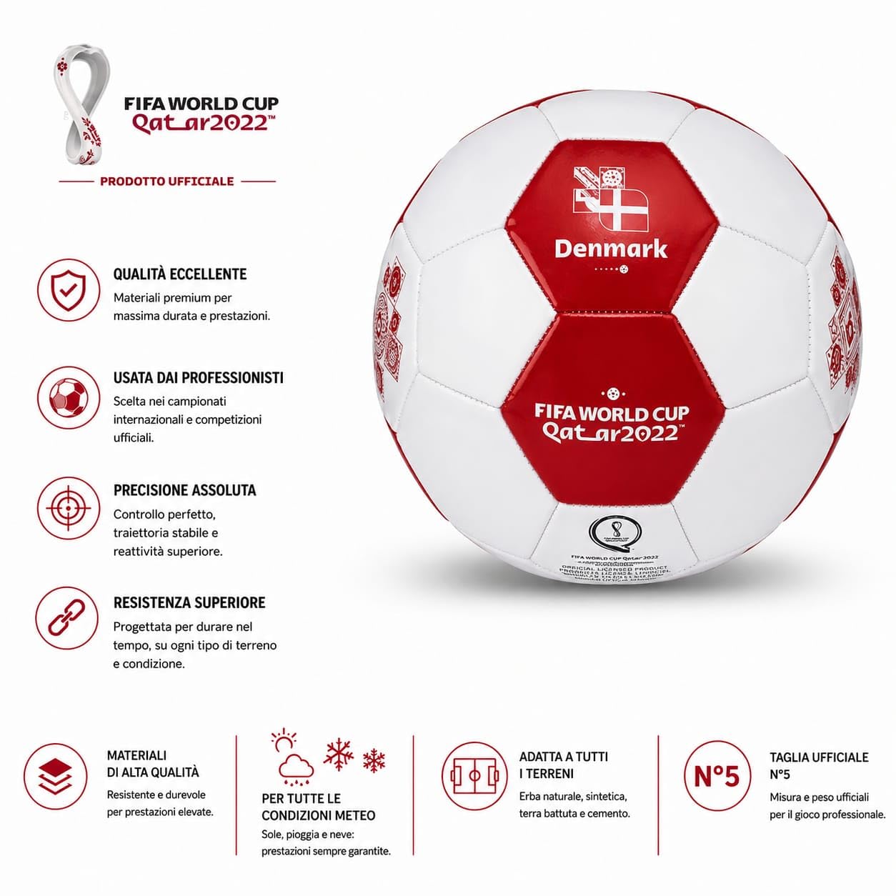 FIFA world cup Qatar 2022 Oficjalna piłka nożna, Denmark, biało-czerwony, rozmiar 5, uniseks, zalecany do wszystkich warunków: ziemia lub trawa, słońce, deszcz, śnieg