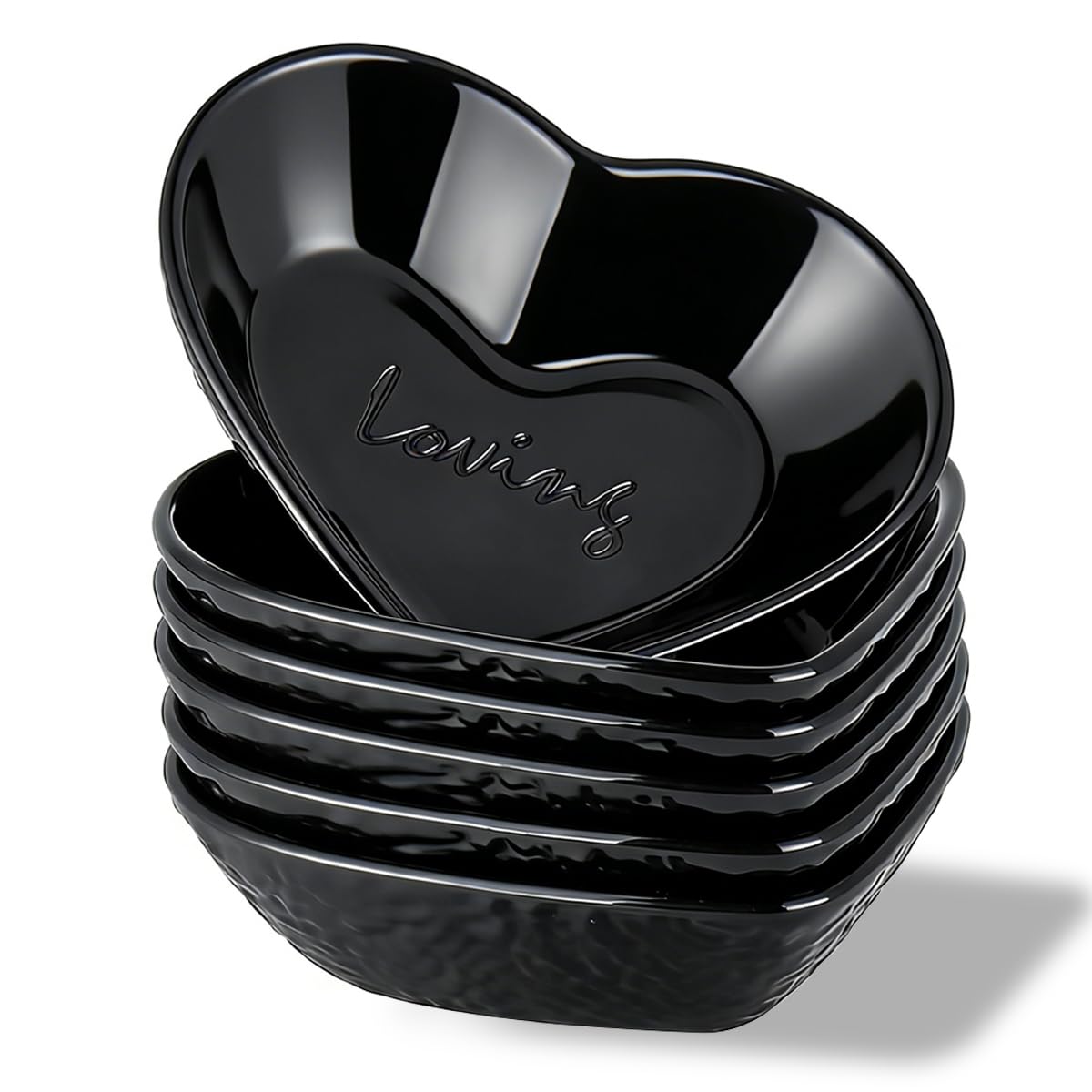 HOMQUEN Dip-Schälchen,90 ml Sojasauce-Schälchen, robuste kleine Kunststoffschalen 6er-Set,Schwarz herzförmige Mini-Vorspeisenteller für Soßen,Sojasauce,Gewürze,Beilagen,Sushi, Ketchup und Grillpartys