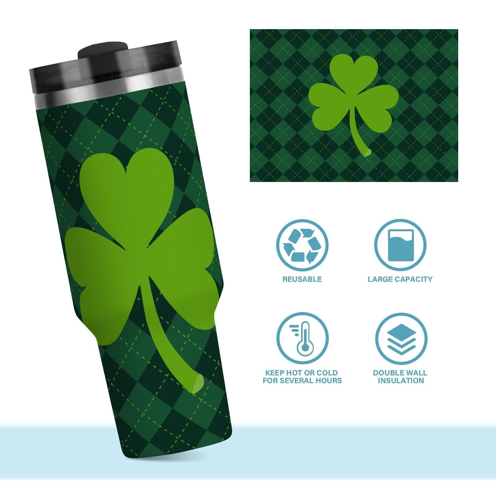 Isolierter Trinkbecher mit grünem Kleeblatt, doppelwandige Edelstahl-Wasserflasche, Kaffeetasse, Reisebecher mit Griff, Strohhalm-Deckel