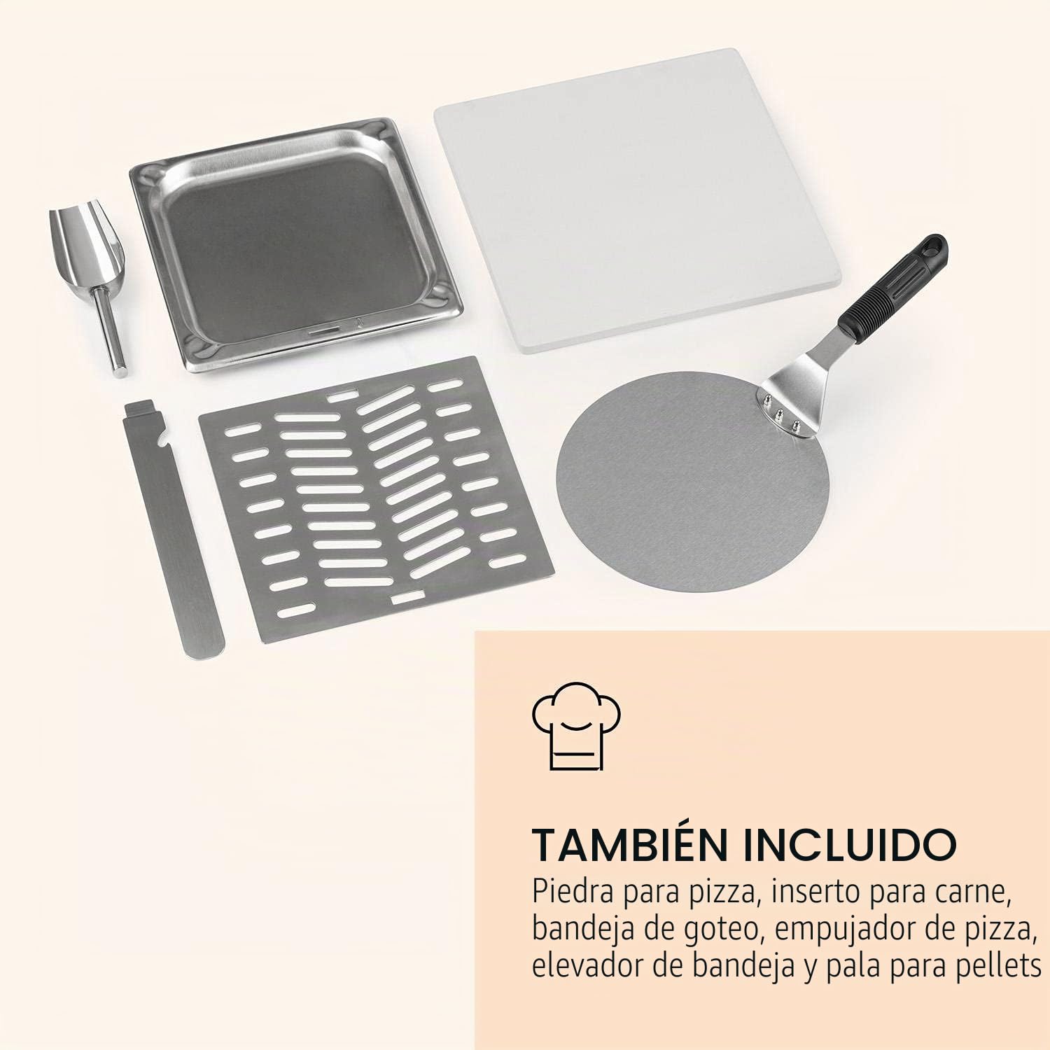Klarstein Diavolo - Horno de pellets para pizza, Piedra para pizza de 13'' (33 x 33 cm), Termómetro 430 °C, Bandeja de goteo, Empujador, Accesorios carne, Asa plegable, Acero inoxidable, Antracita