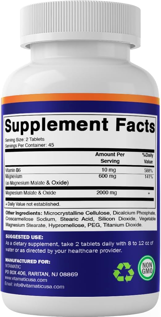 Vitamatic Magnesium Malate 2000mg per Serving - 90 Vegetarian Tablets - Added B6 for Maximum Absorption - Supports Muscle, Joint, and Heart Health* (3 Bottles, Unflavored)