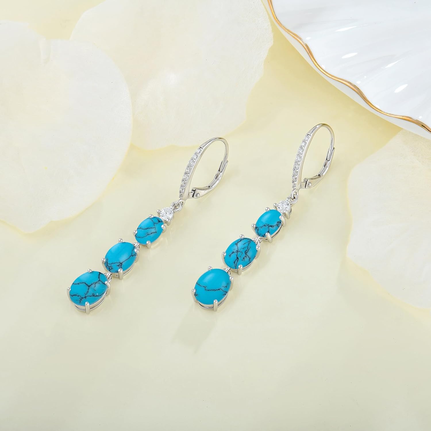 Turquoise Earrings 925 Sterling Silver Leverback Drop Dangle Earrings 5A Cubic Zirconia Jewelry for Women - Image 4