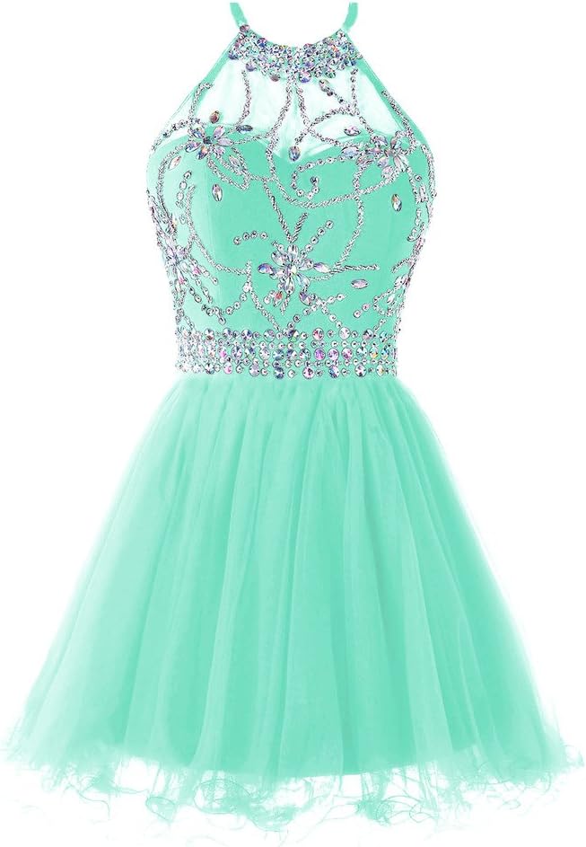 Women's Halter Short Homecoming Dress Beading Tulle Prom Dress Light Mint US 4