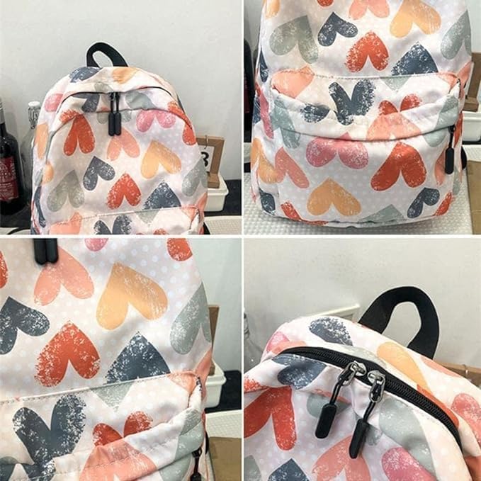 Image of Girls Backpack with Colourful Heart Print for School, College & Travel, Lightweight Casual Daypack for Teens, Stylish & Spacious Daily Use Bag