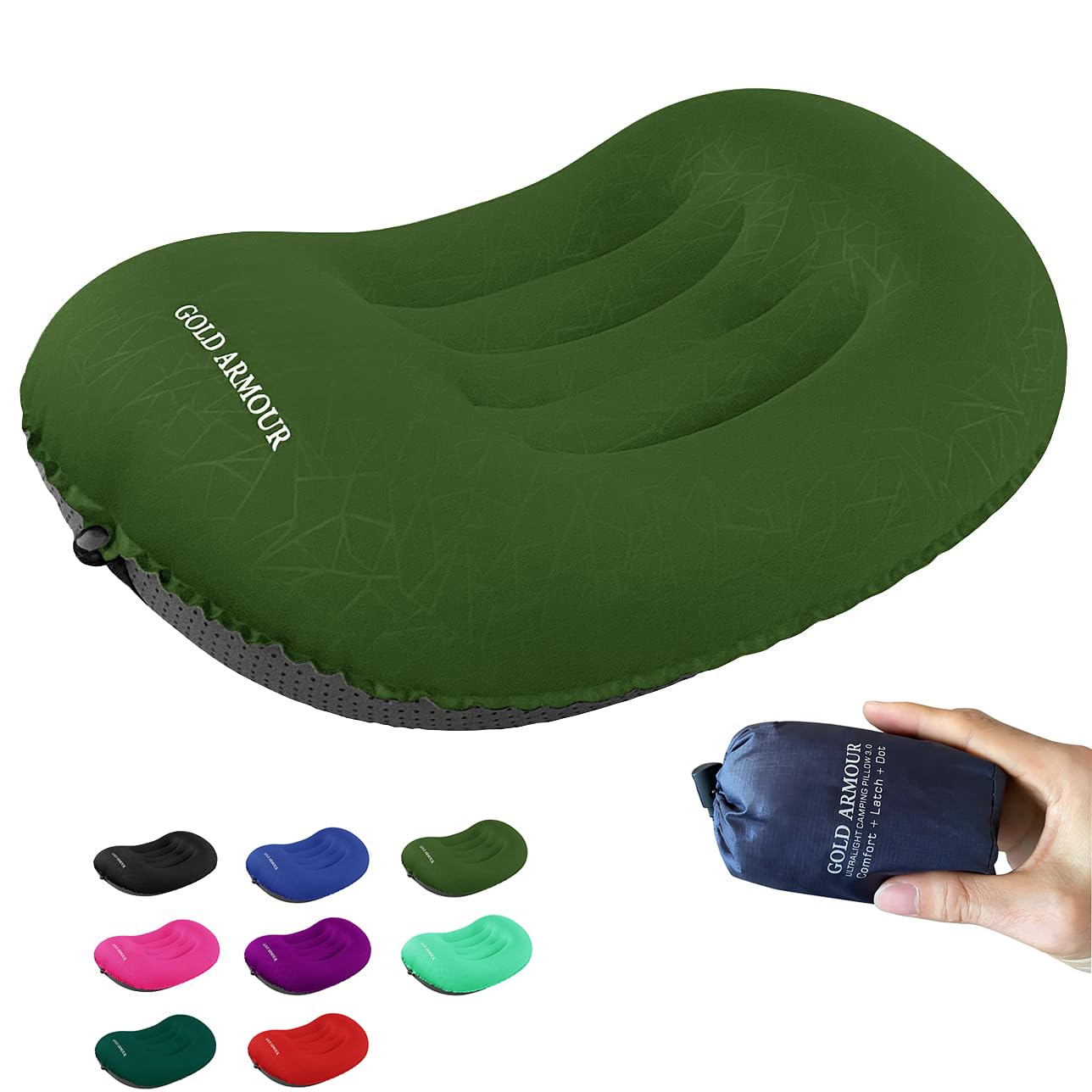 Gold Armour Inflatable Camping Pillow Backpacking Pillow Lightweight Travel Air Pillow Ultralight Ergonomic Pillow Portable for Airplanes with Neck & Lumbar Support (OD Green)