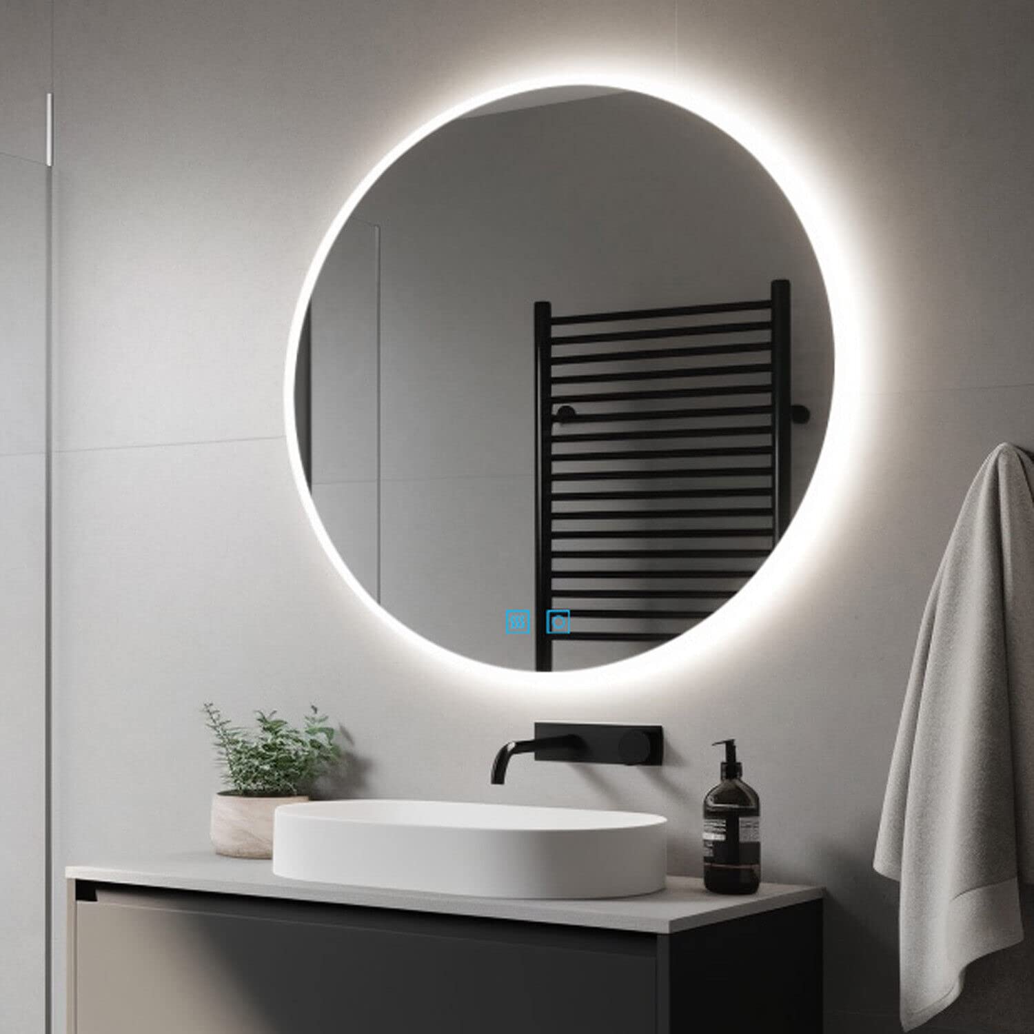 Finmrys Round Bathroom Mirror with LED Lights 600 mm Illuminated Bathroom Mirror with Demister Dimmable 3 Colour Light Memory Function 23.62 inch — image 1